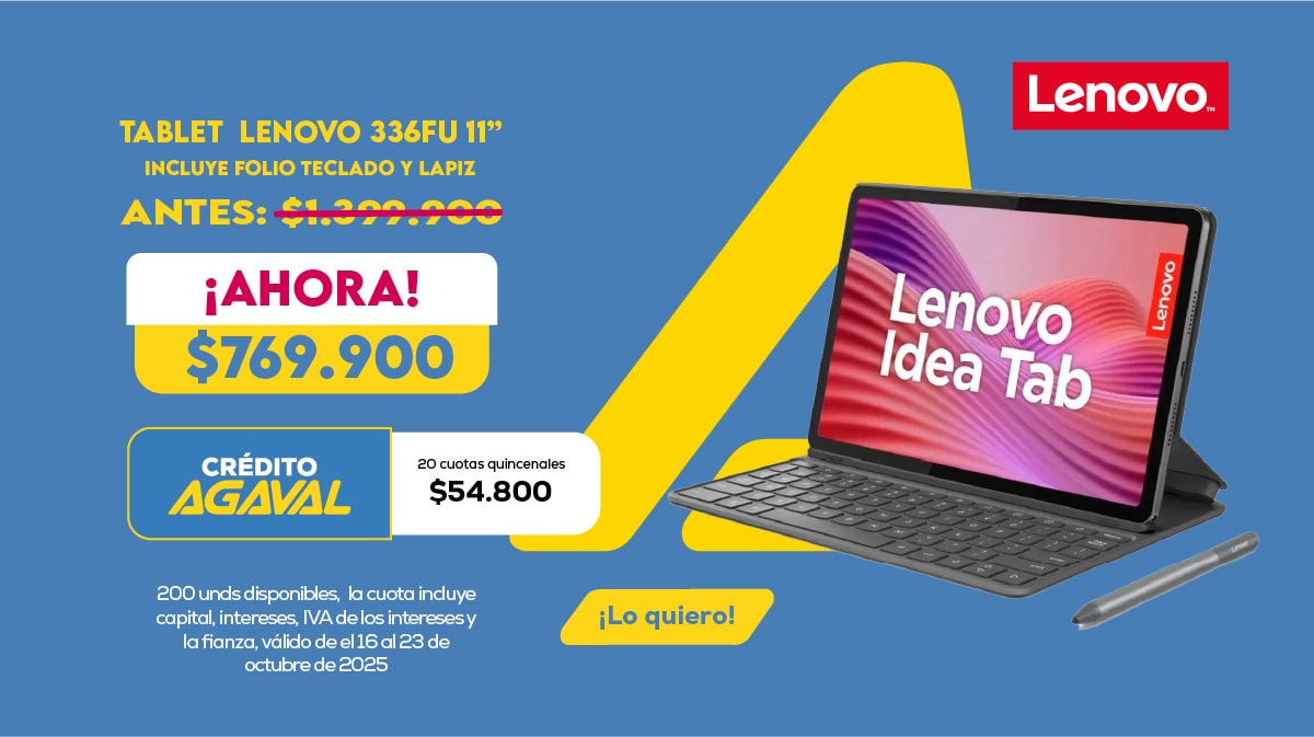 Lenovo Portátil Lenovo 15IRH10 Antes: $3.699.900 Ahora: $1.899.900 Crédito Agaval 32 cuotas quincenales de $88.800 ¡Lo quiero!
